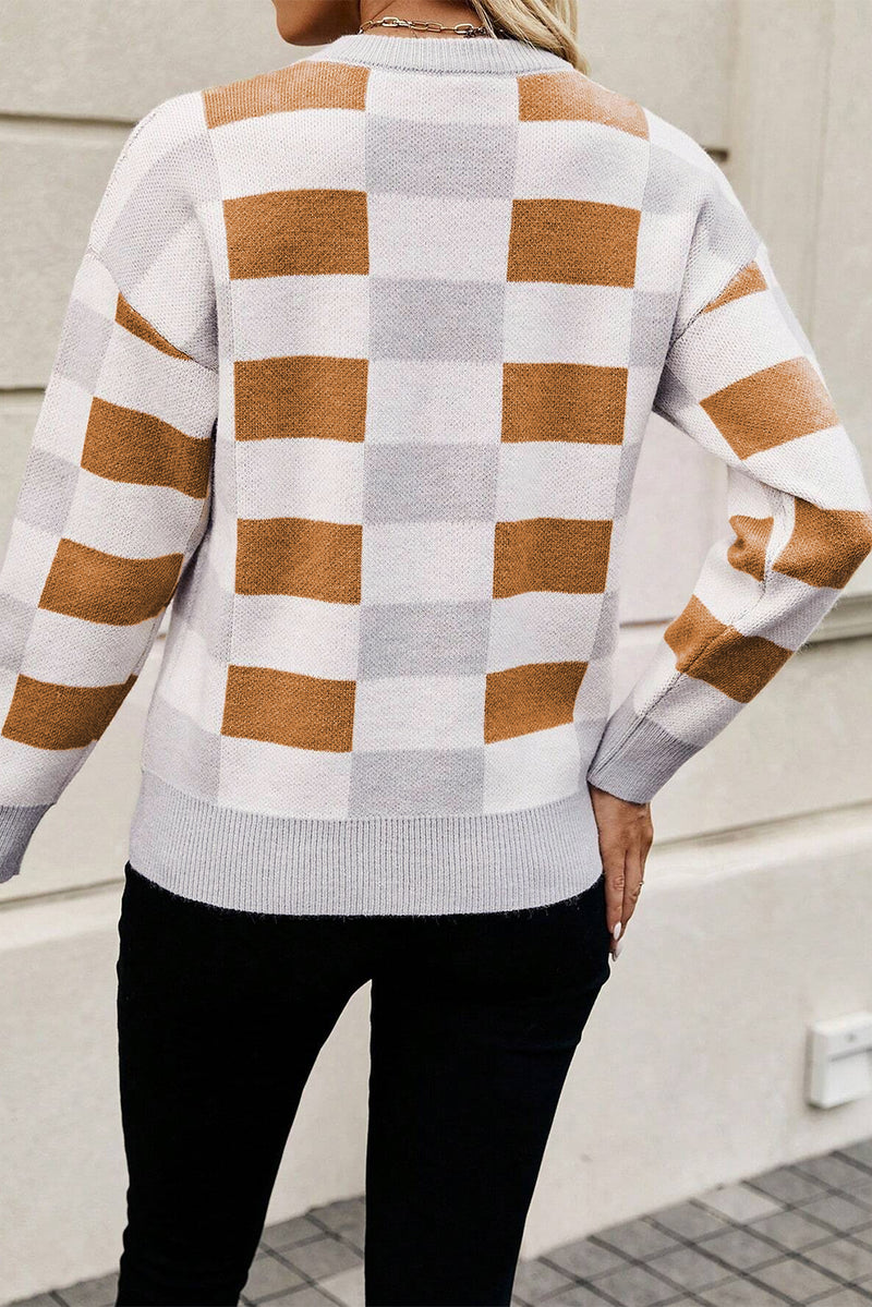 KaleaBoutique Checkered Ribbed Edge O Neck Drop Shoulder Sweater - KaleaBoutique.com