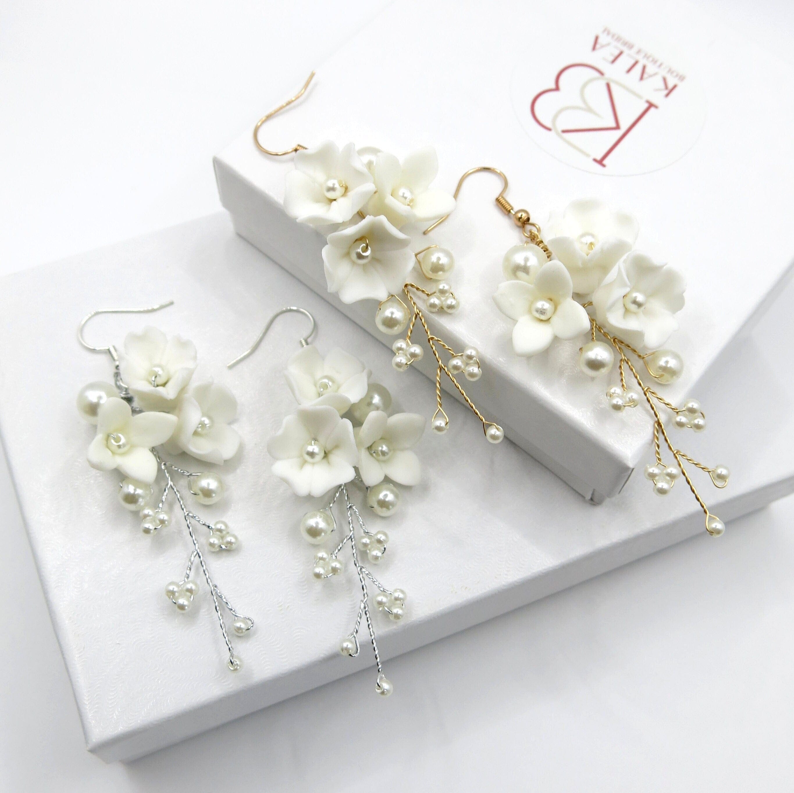 White floral bridal earrings Flower wedding earrings Long gold statement earrings for brides Freshwater pearl earrings outlets Boho bridal jewelry