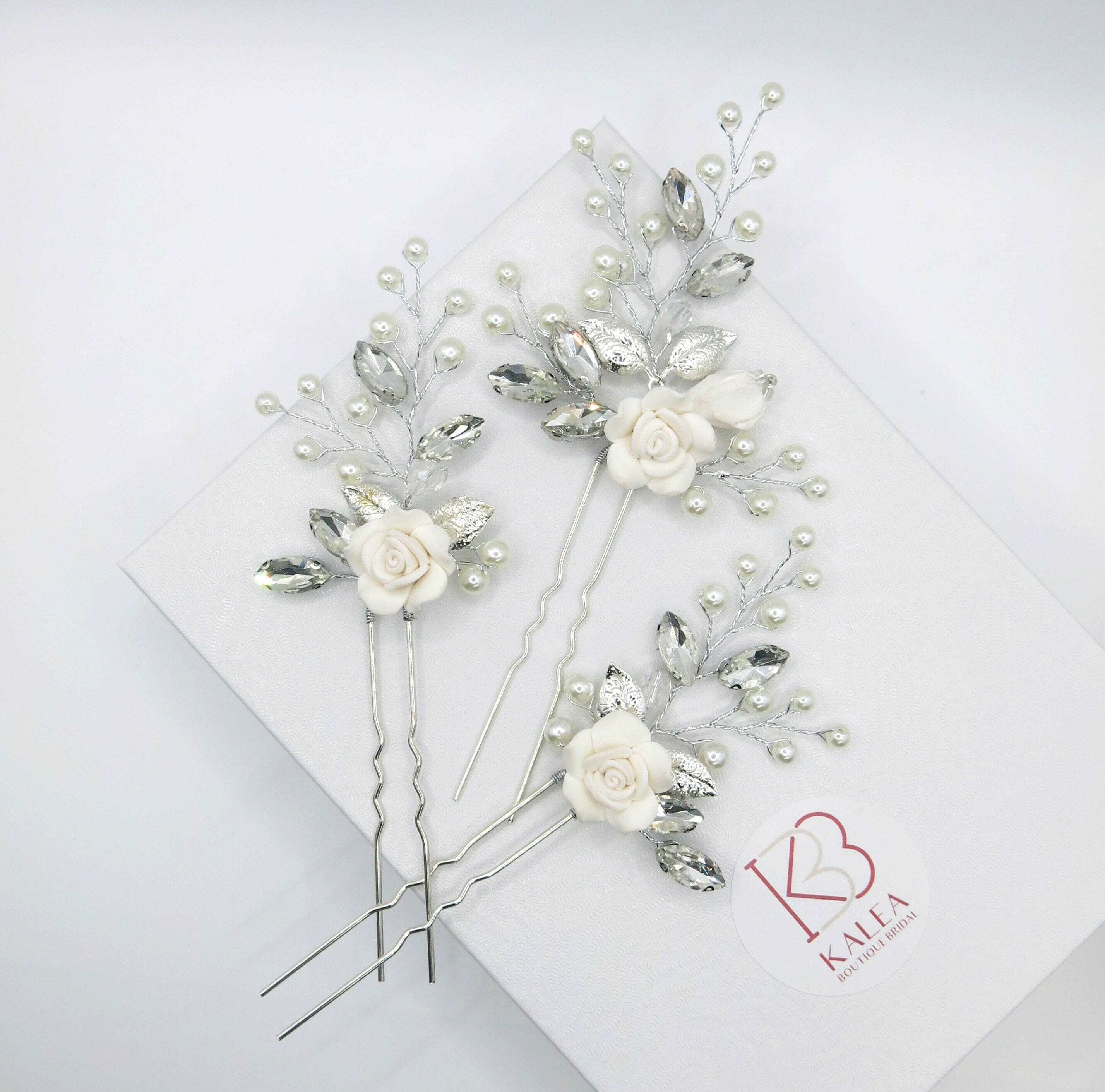 SPICE - White Ceramic Floral Hair Pins Set, White Ceramic Hair Pins - deals Silver or Gold, Bridal Hair Pins, Hair Pins, Hairpins, Pearl Hair Pins