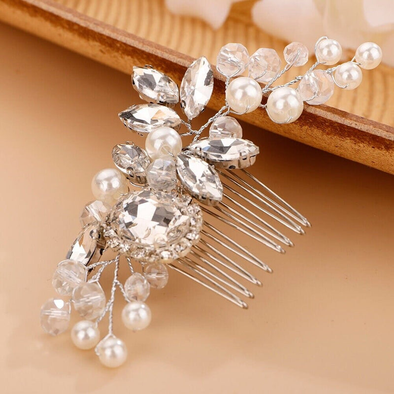 Crystal Bridal Hair Comb with Pearls and Rhinestones, Wedding Hair Pin Headpiece in Silver - KaleaBoutique.com