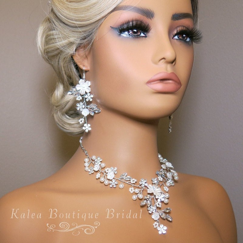 Pearl Flower Bridal 3 PC Jewelry Set, Wedding Floral Necklace and Earrings Jewelry, Crystal Flower Wedding Necklace Set - KaleaBoutique.com