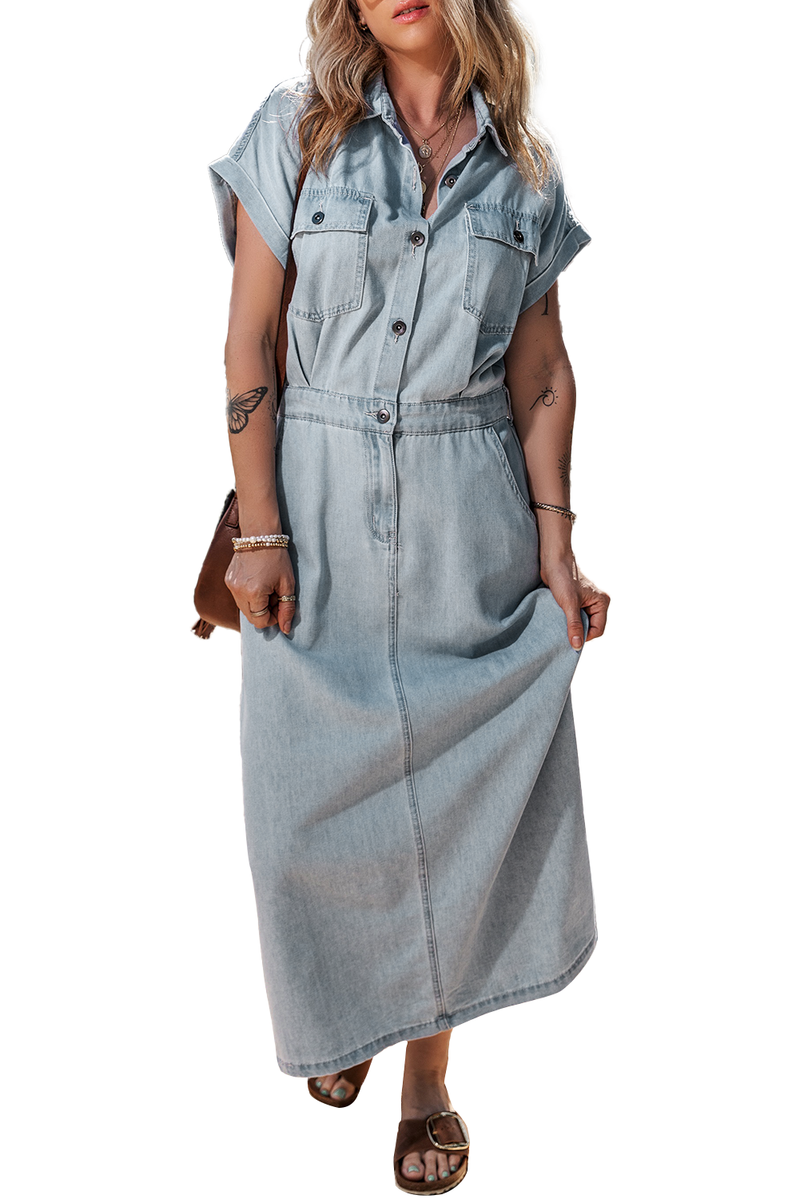 KaleaBoutique Short Batwing Sleeve Slit Back Denim Dress - KaleaBoutique.com