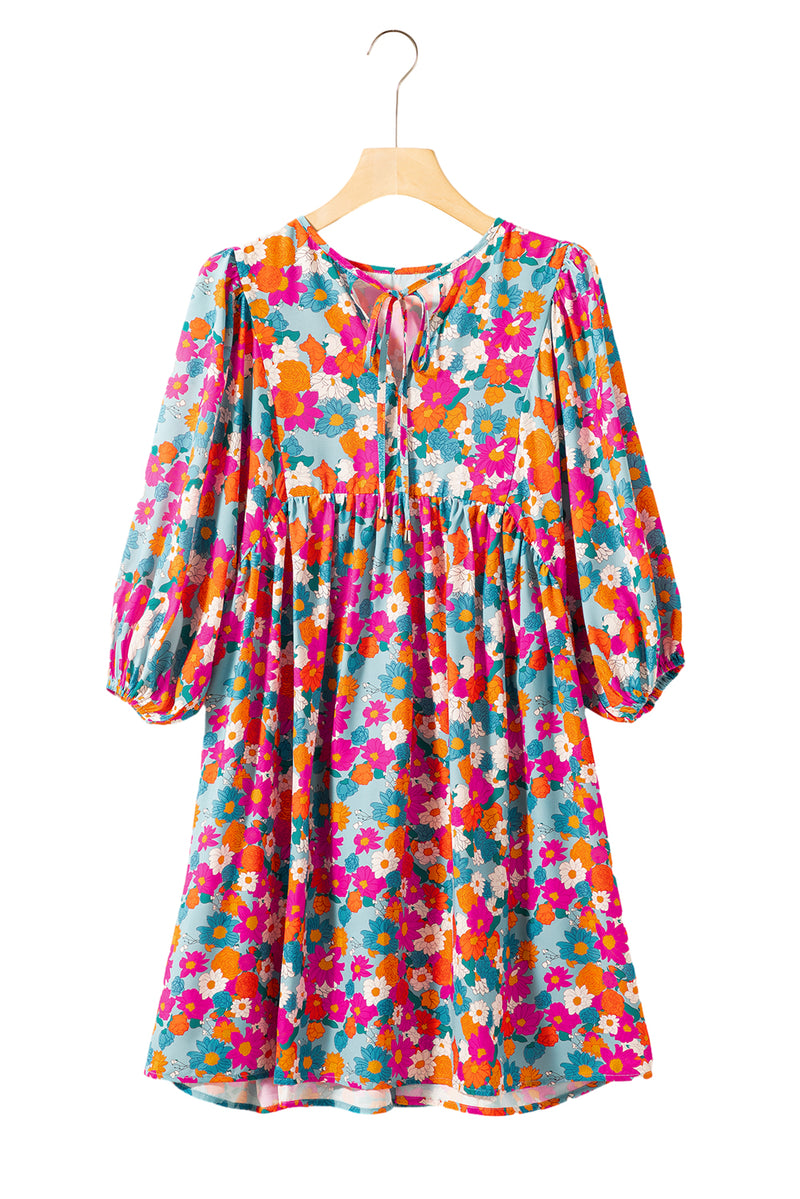 KaleaBoutique Floral Print Tie Split Neck Bubble Sleeve Babydoll Dress - KaleaBoutique.com