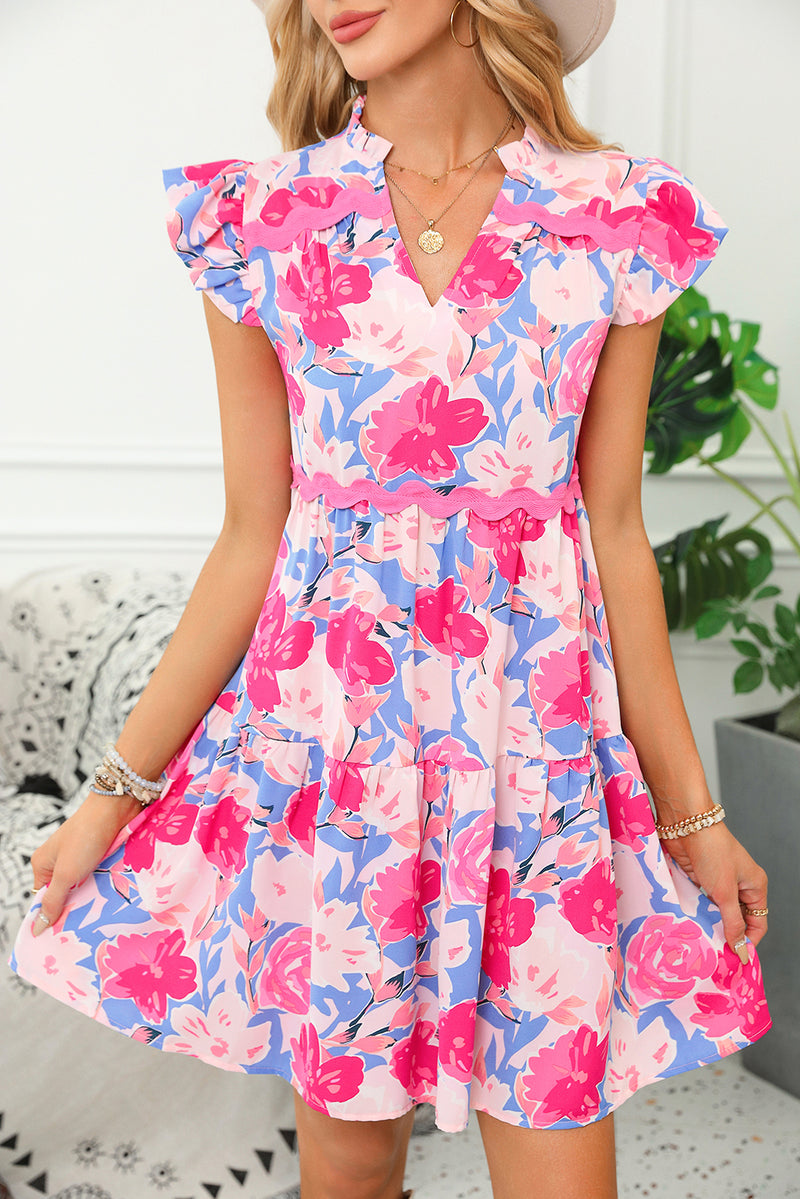 KaleaBoutique Floral Printed V Notched Ric Rac Flutter Sleeve Dress - KaleaBoutique.com