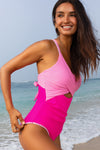 KaleaBoutique Stylish Ric Rac Trim Contrasted Patchwork Cutout One Piece Swimsuit - KaleaBoutique.com