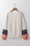 KaleaBoutique Floral Patchwork Textured Knit Drawstring V Neck Blouse - KaleaBoutique.com