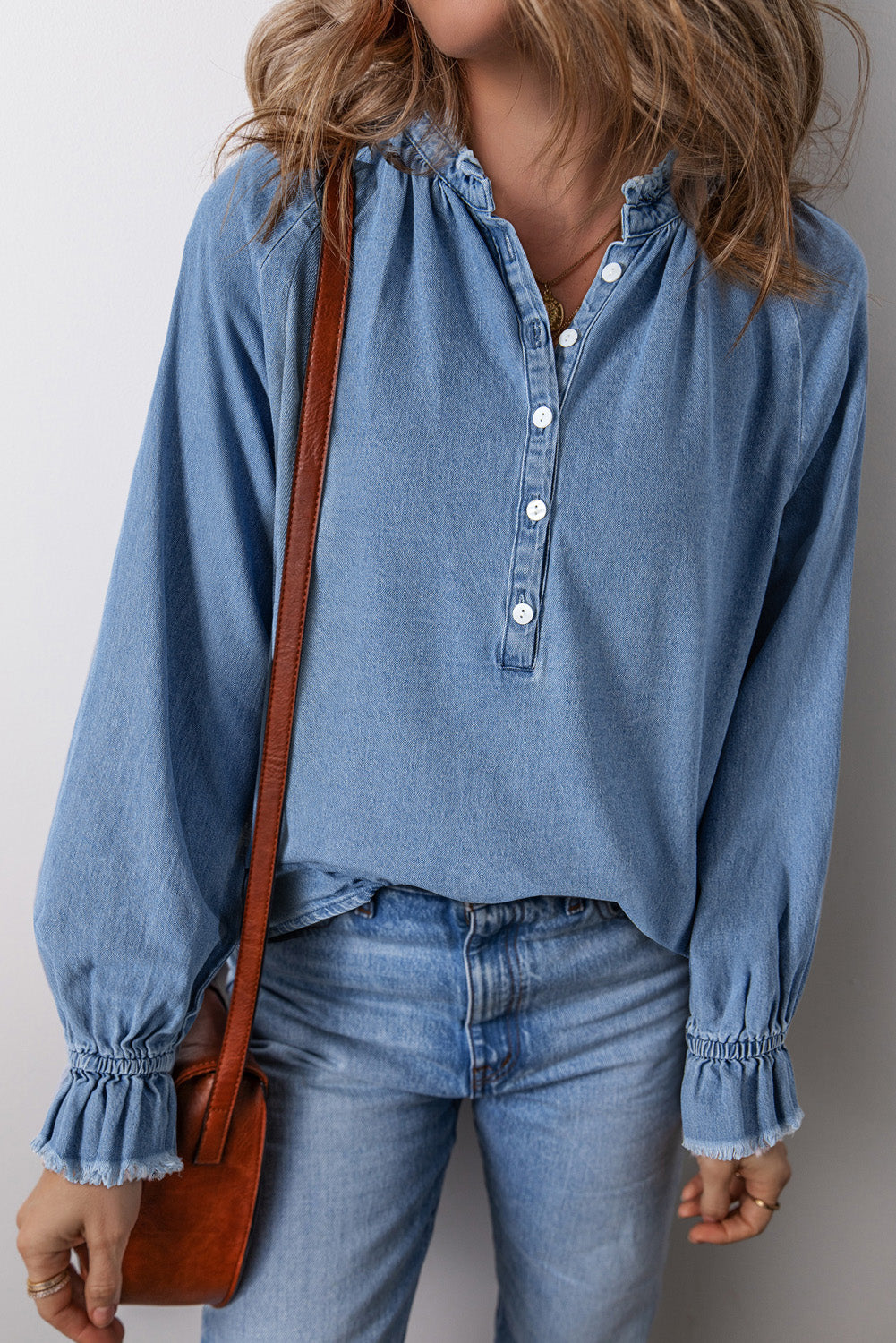 KaleaBoutique Frilled Raw Hem Half Buttoned Denim Top - KaleaBoutique.com