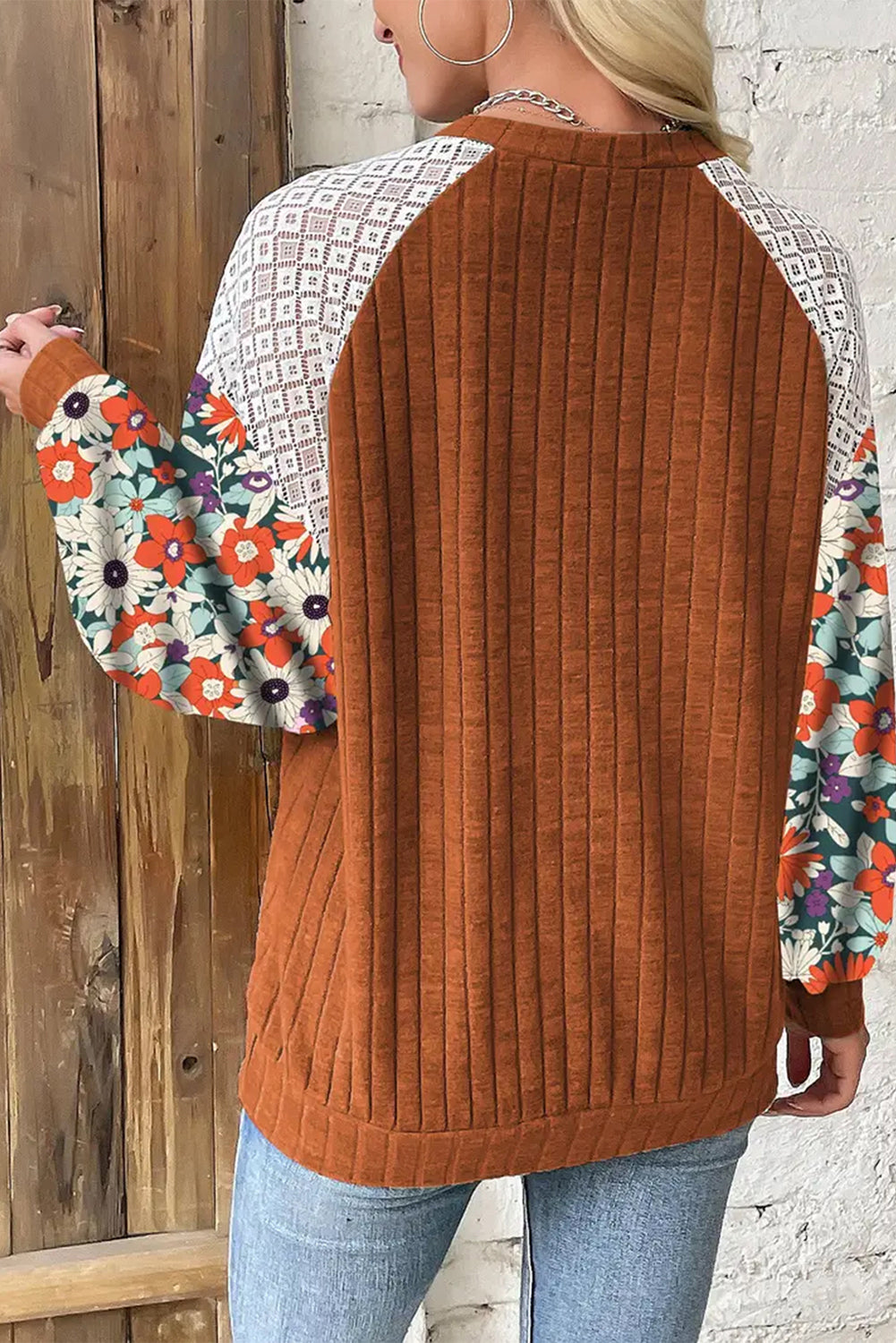 KaleaBoutique Stylish Floral Patchwork Long Sleeve Ribbed Blouse - KaleaBoutique.com