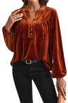 KaleaBoutique Lantern Sleeve Beaded Split V Neck Velvet Top - KaleaBoutique.com