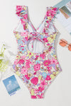 KaleaBoutique Floral Ruffle Trim V Neck Lace-up Back Tummy Control One Piece Swimsuit - KaleaBoutique.com