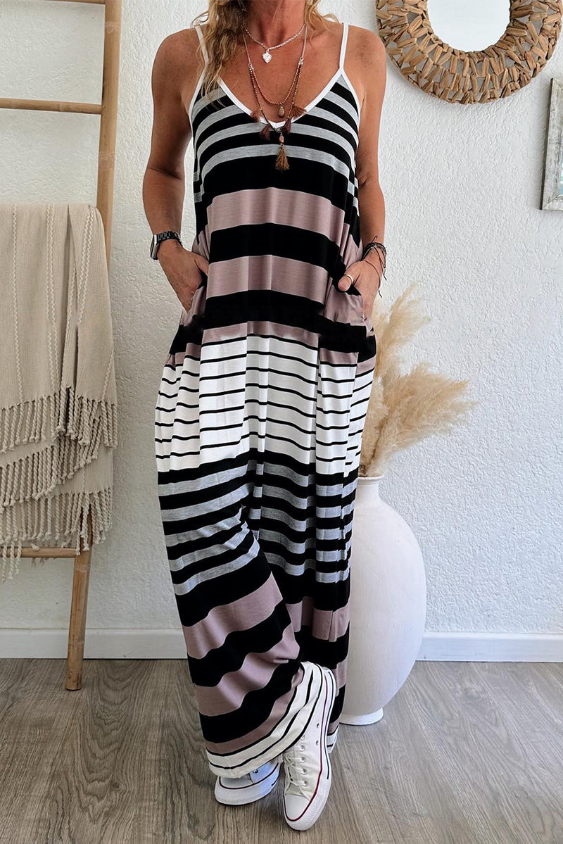 KaleaBoutique Mixed Stripes Spaghetti Straps V Neck Maxi Dress - KaleaBoutique.com