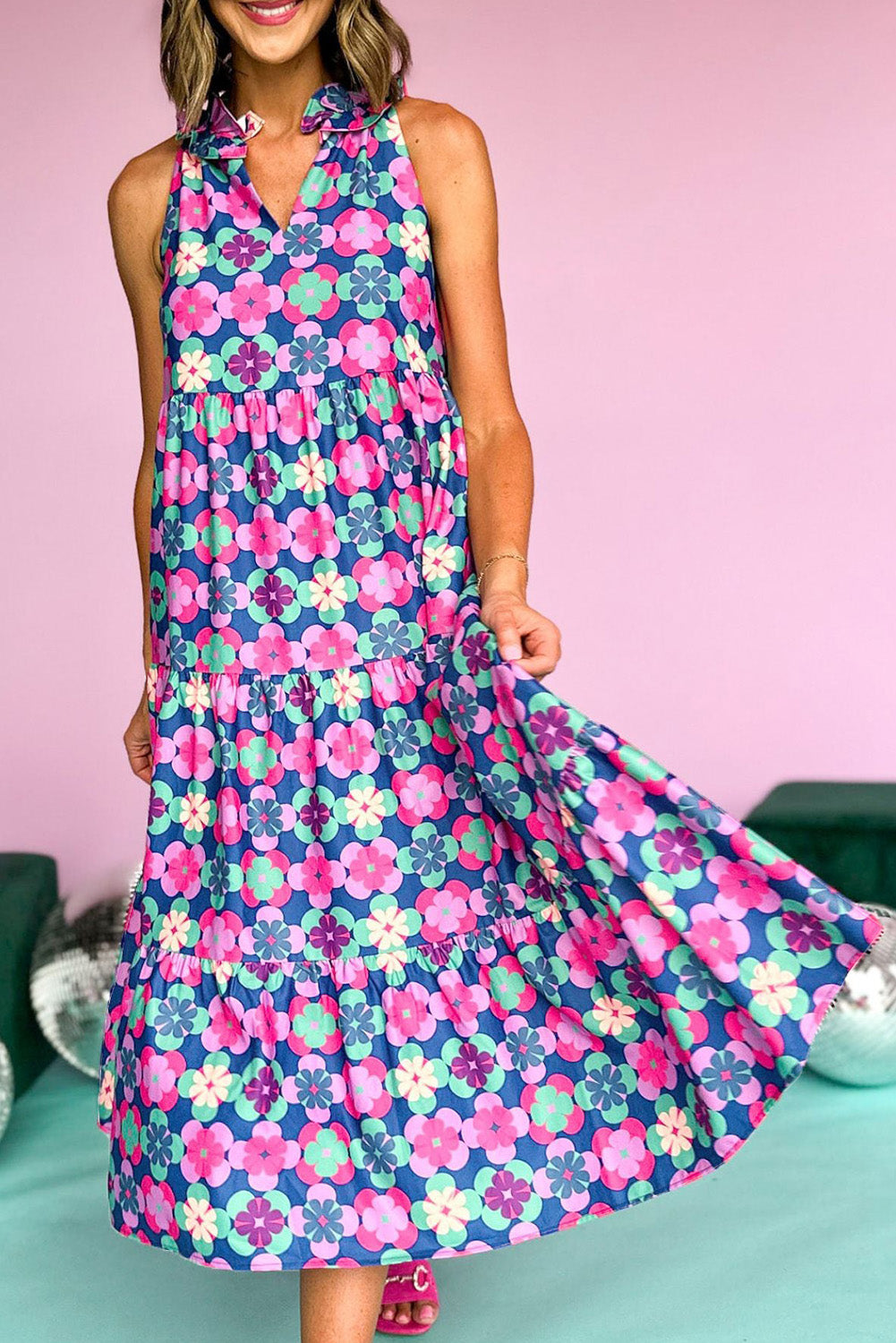 KaleaBoutique Floral Print Frilly Neck Sleeveless Tiered Maxi Dress - KaleaBoutique.com