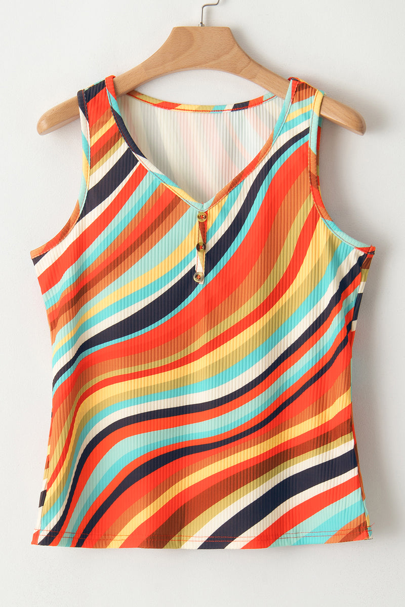 Wavy Striped Buttoned V Neck Tank Top - KaleaBoutique.com