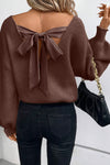 KaleaBoutique Lantern Sleeve V Neck Knot Back Sweater - KaleaBoutique.com