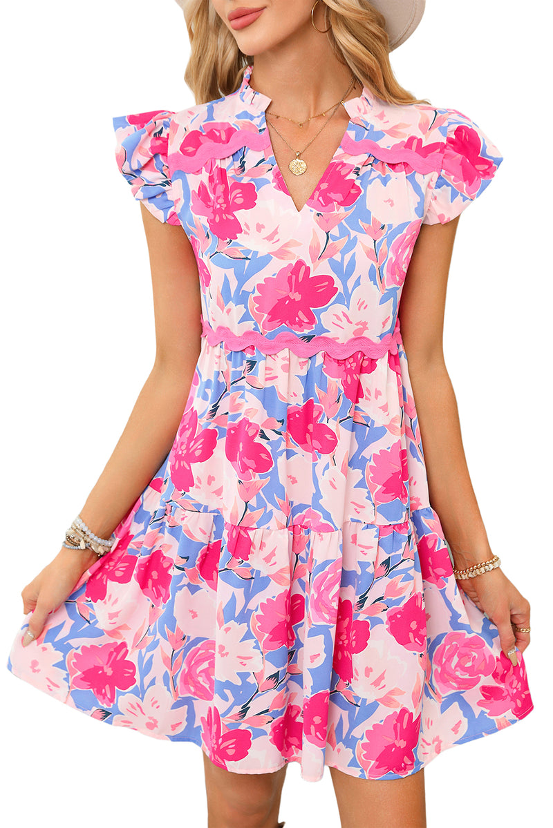 KaleaBoutique Floral Printed V Notched Ric Rac Flutter Sleeve Dress - KaleaBoutique.com