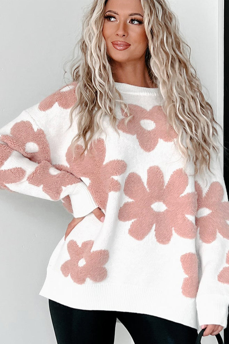 KaleaBoutique Textured Flower Drop Shoulder Loose Sweater - KaleaBoutique.com