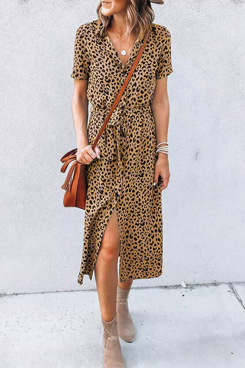 KaleaBoutique Leopard Turn-Down Collar Slit Midi Dress - KaleaBoutique.com