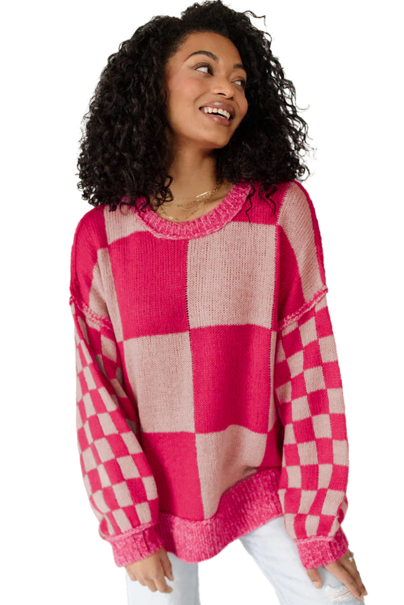 KaleaBoutique Mixed Checkered Pattern Drop Shoulder Loose Sweater - KaleaBoutique.com