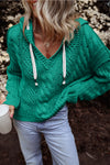 KaleaBoutique Cable Knit V Neck Contrast Drawstring Hooded Sweater - KaleaBoutique.com