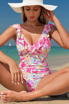 KaleaBoutique Floral Ruffle Trim V Neck Lace-up Back Tummy Control One Piece Swimsuit - KaleaBoutique.com