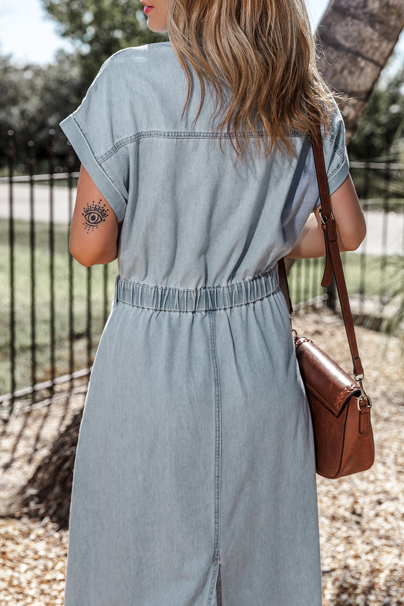 KaleaBoutique Short Batwing Sleeve Slit Back Denim Dress - KaleaBoutique.com