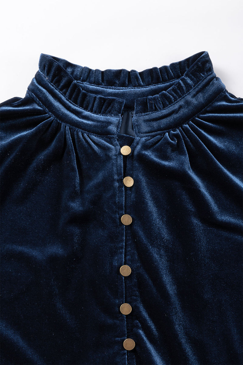 KaleaBoutique Frilled Neck Buttoned Front Velvet Top - KaleaBoutique.com