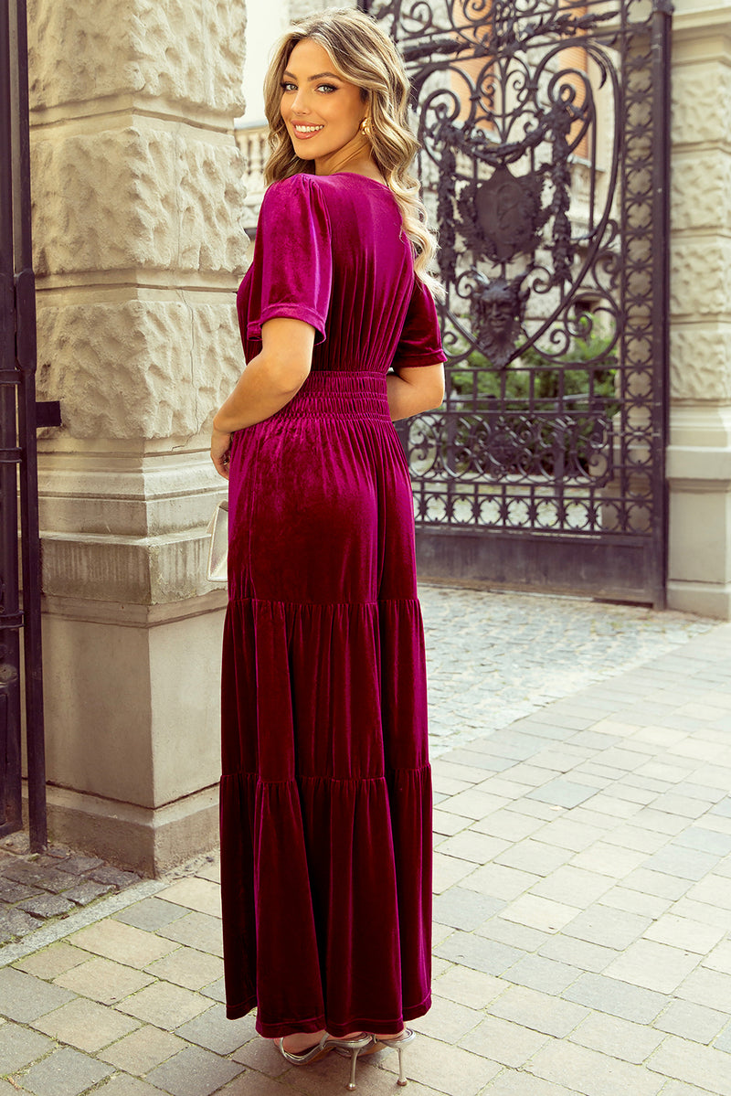 KaleaBoutique Velvet Short Sleeve Shirred Waist Tiered Maxi Dress - KaleaBoutique.com