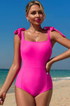 KaleaBoutique Stylish Square Neck Knotted Shoulder Open Back One Piece Swimsuit - KaleaBoutique.com