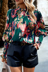 KaleaBoutique Abstract Print Smocked Cuffs Frilled Neck Blouse - KaleaBoutique.com