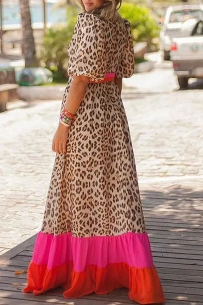 KaleaBoutique Leopard Colorblock Patchwork Bubble Sleeve Maxi Dress - KaleaBoutique.com