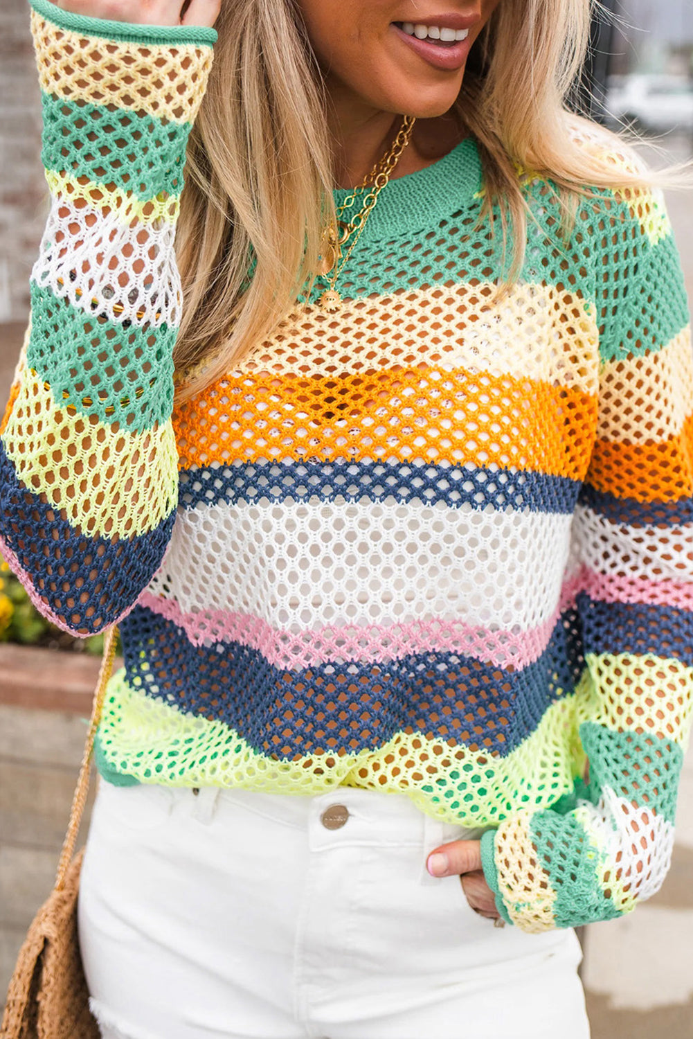 KaleaBoutique Colorblock Patchwork Knit Crochet Eyelet Sweater - KaleaBoutique.com