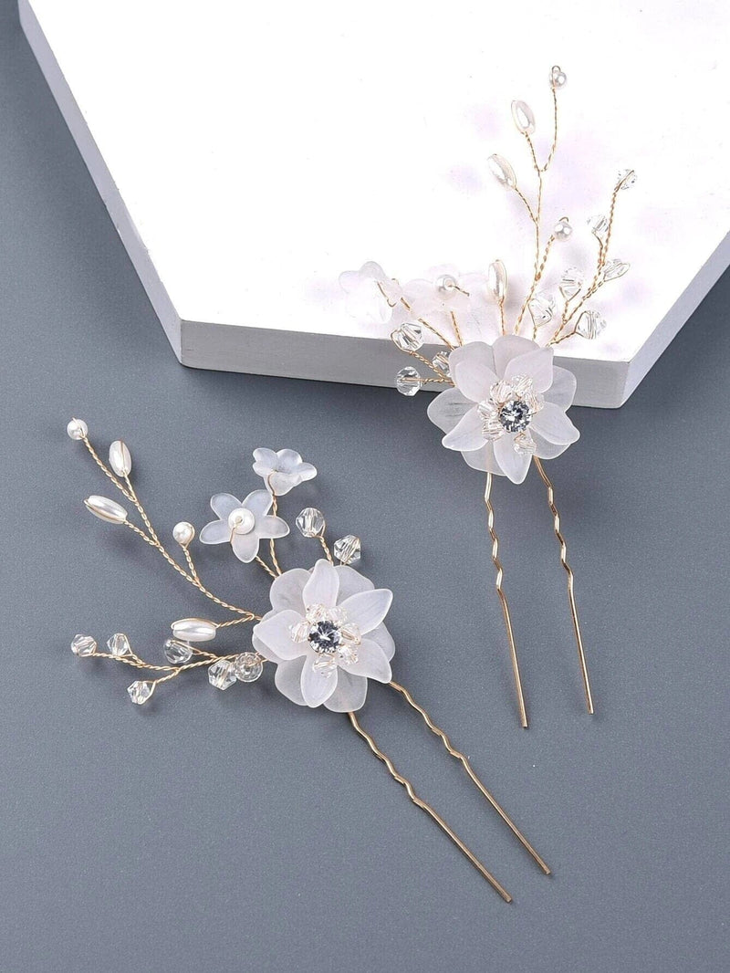 Double Flower Crystal 2 PC Hairpin Set, Bridal Pearl Flower Hair Pins, Wedding Pearl Floral Hair Pin Set - KaleaBoutique.com