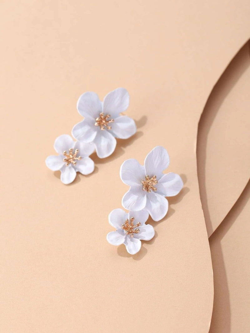 Double White Flower Earrings, Wedding Floral Dangle Studs, Bridal Flower Dangle Stud Earrings - KaleaBoutique.com