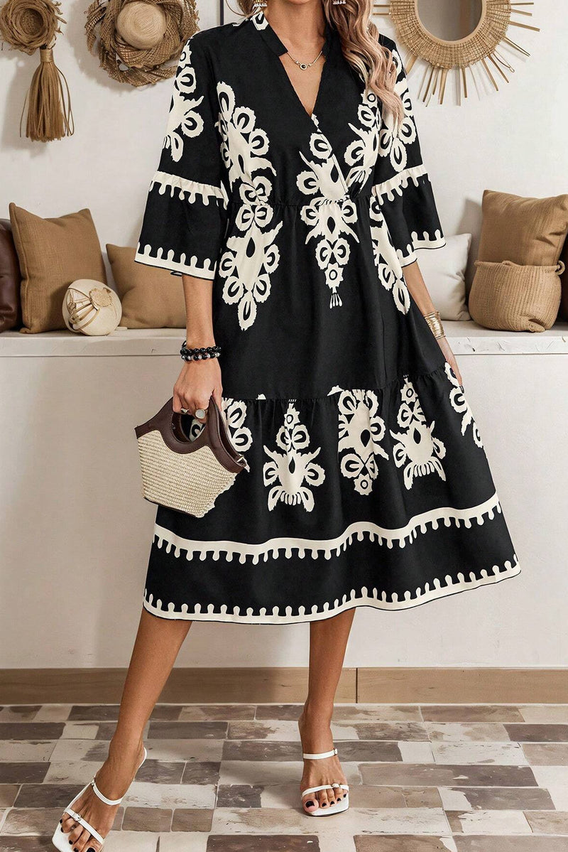 KaleaBoutique Western Geometric Print 3/4 Sleeve Loose Midi Dress - KaleaBoutique.com