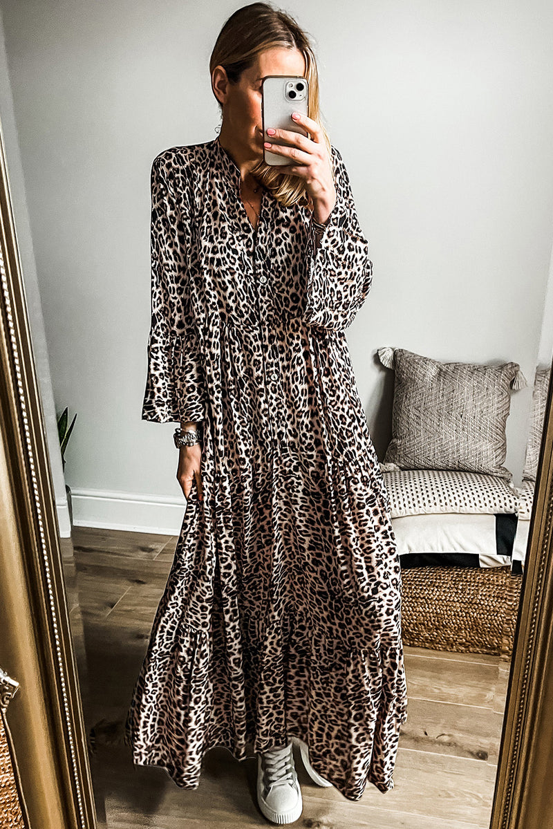 KaleaBoutique Leopard Print Tiered Wide Sleeve Maxi Dress - KaleaBoutique.com