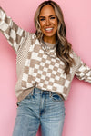 KaleaBoutique Checkered Print Drop Shoulder Round Neck Sweater - KaleaBoutique.com