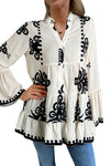 KaleaBoutique Stylish Abstract Printed Bell Sleeve Buttoned Tiered Babydoll Blouse - KaleaBoutique.com