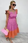 KaleaBoutique Color Block Tiered Notched Neck Ruffle Sleeve Dress - KaleaBoutique.com