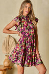 KaleaBoutique Floral Print Ruched Flutter Sleeve Frilled Neck Mini Dress - KaleaBoutique.com