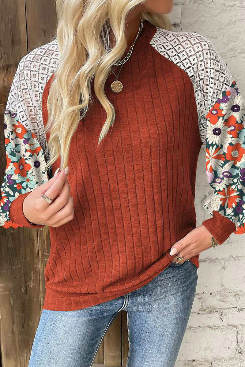 KaleaBoutique Floral Patchwork Long Sleeve Ribbed Blouse - KaleaBoutique.com