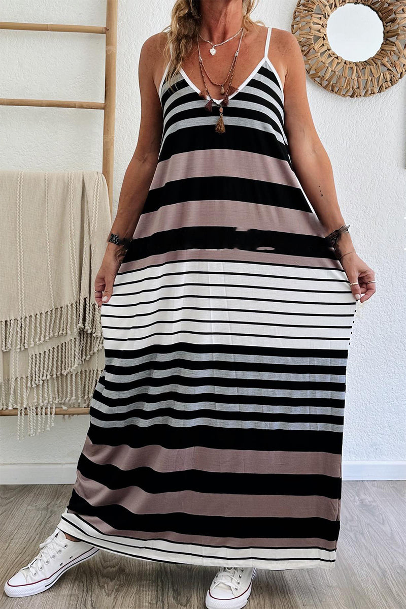 KaleaBoutique Mixed Stripes Spaghetti Straps V Neck Maxi Dress - KaleaBoutique.com