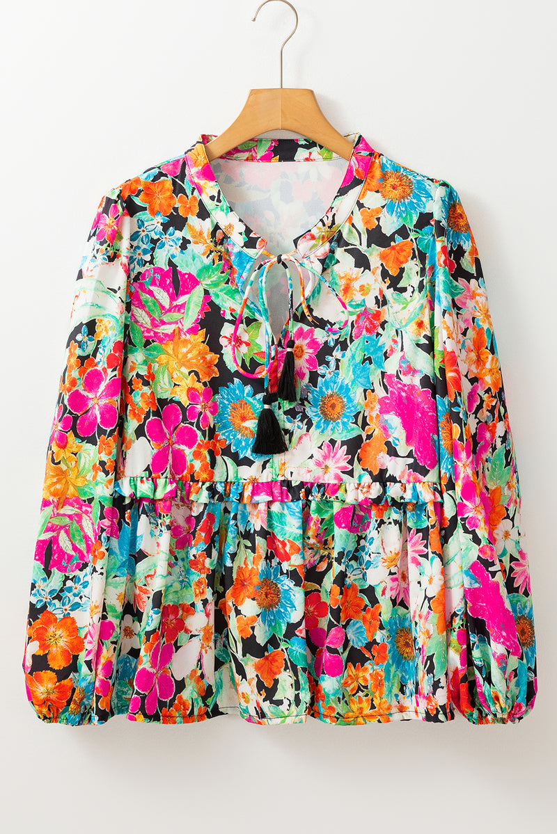 KaleaBoutique Floral Print Bubble Sleeve V Neck Ruffled Blouse - KaleaBoutique.com