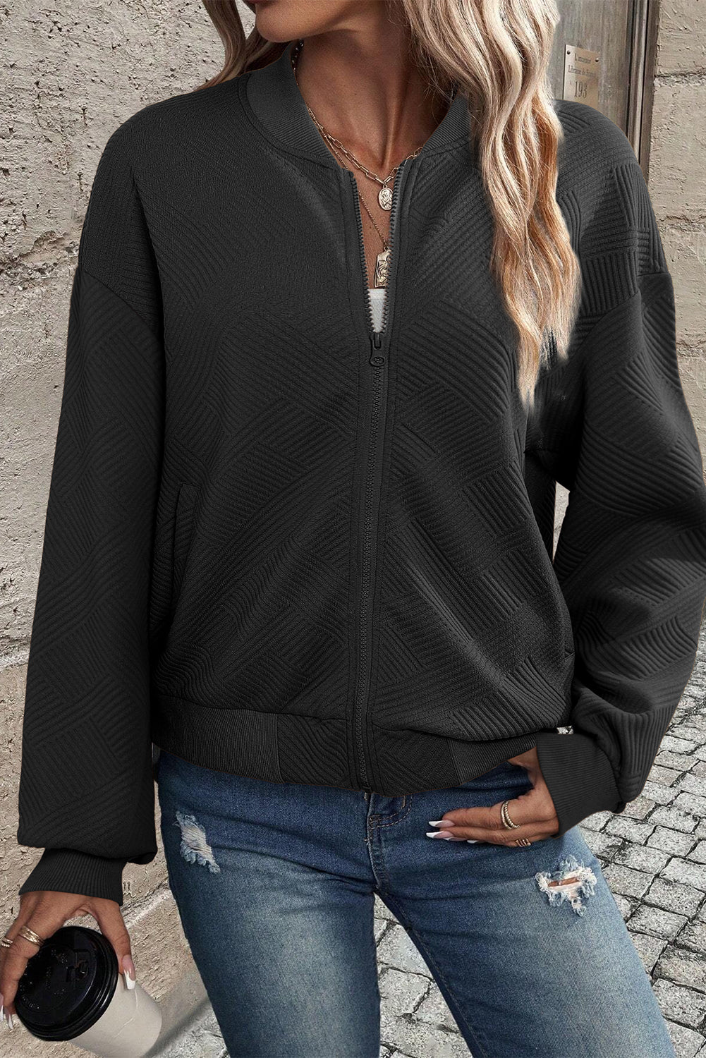 KaleaBoutique Stylish Solid Textured Stand Neck Zipper Bomber Jacket - KaleaBoutique.com