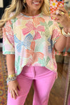 KaleaBoutique Stylish Bowknot Printed Waffle Crewneck Loose Short Sleeve Top - KaleaBoutique.com