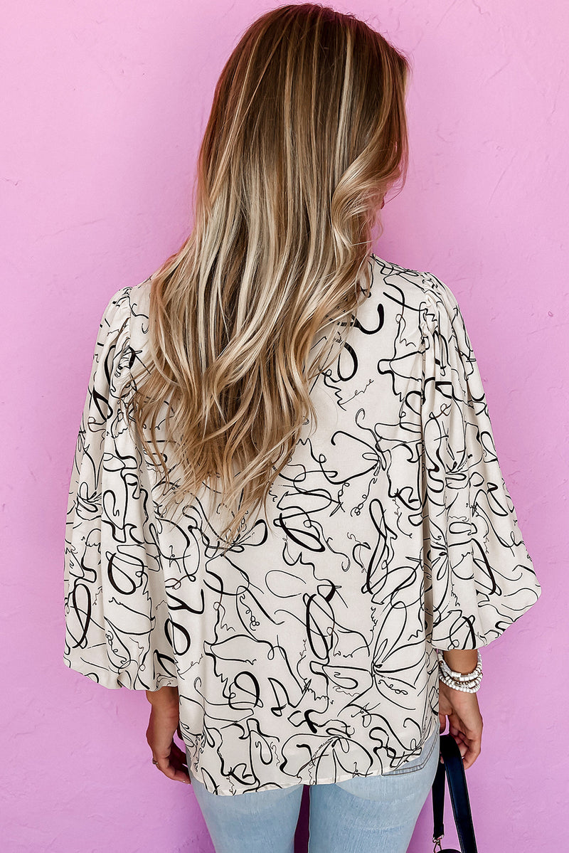 KaleaBoutique Abstract Print Balloon Sleeve Crew Neck Blouse - KaleaBoutique.com