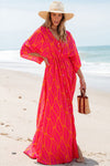 KaleaBoutique Leafy Print 3/4 Sleeve V Neck Buttoned Split Maxi Dress - KaleaBoutique.com