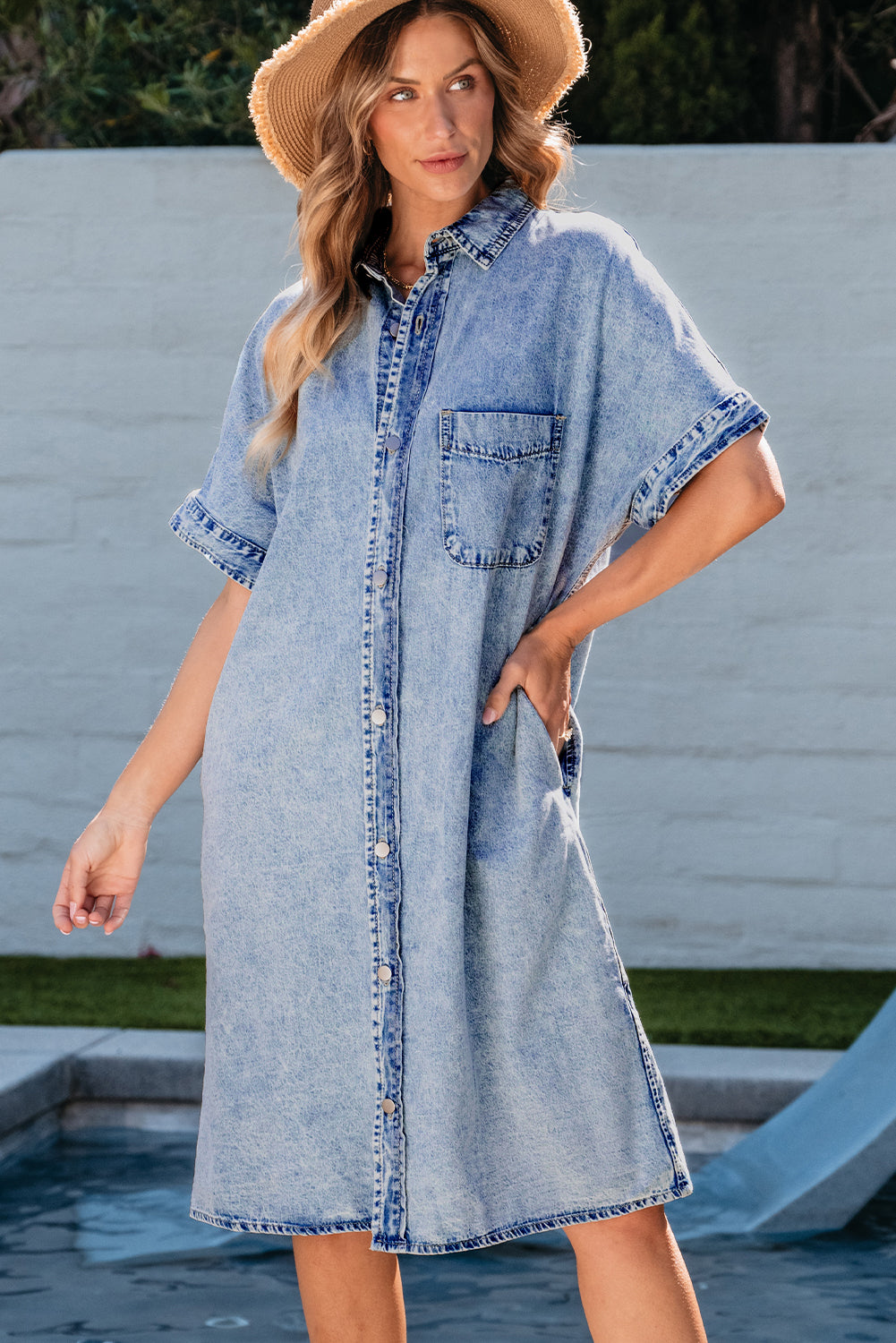 KaleaBoutique Loose Medium Wash Short Sleeve Shirt Chambray Dress - KaleaBoutique.com