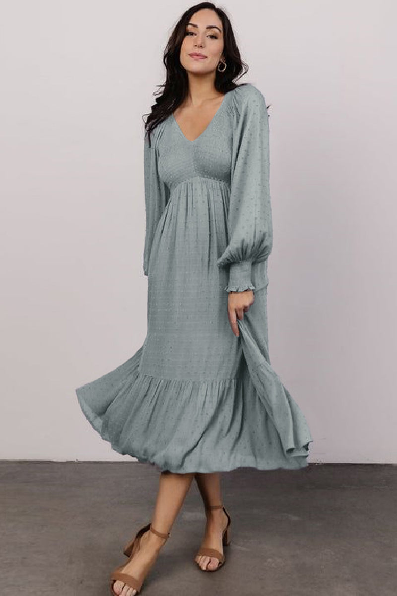 KaleaBoutique Smocked V Neck Swiss Dot Ruffle Long Sleeve Dress - KaleaBoutique.com