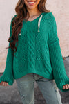 KaleaBoutique Cable Knit V Neck Contrast Drawstring Hooded Sweater - KaleaBoutique.com