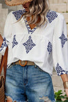 KaleaBoutique Boho Geometric Print Bracelet Sleeve V Neck Blouse - KaleaBoutique.com